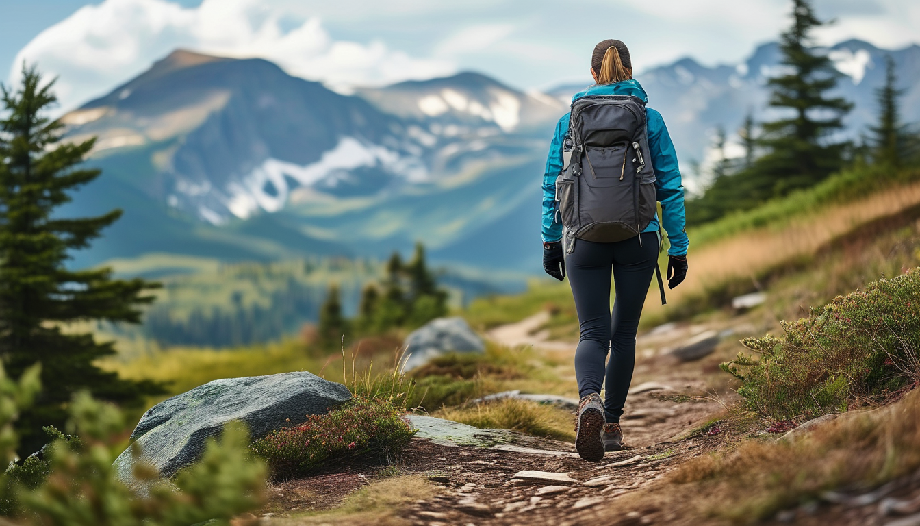 A woman hiker in layered activewear on a mountain trail