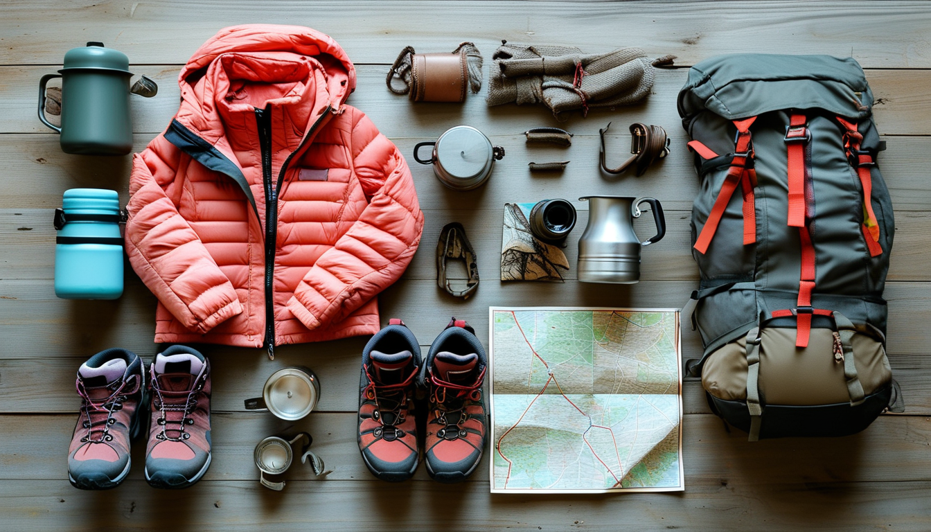 Flat lay of women's hiking essentials