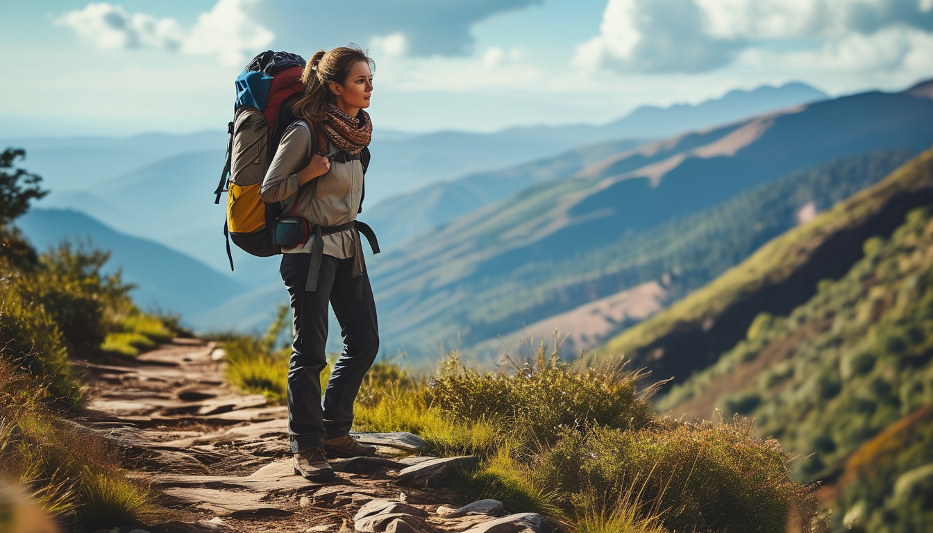A woman hiker with a packed backpack on the trail